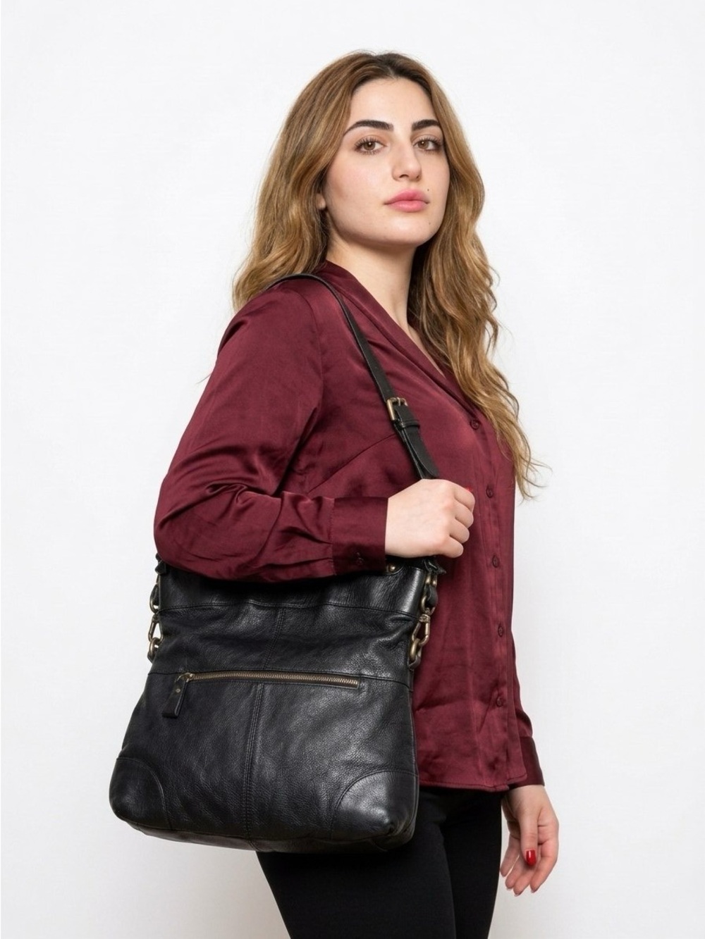 MICHAEL ROME DESIGNS BLACK LEATHER TOTE SHOULDER BAG GOLD HARDWARE WOMAN